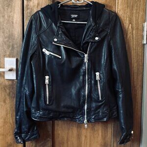 LAMARQUE  BLACK LEATHER BIKER JACKET WITH HOOD MEDIUM